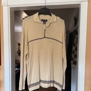 Eddie Bauer Men's Tan Zip-Up Sweater with Gray Stripes